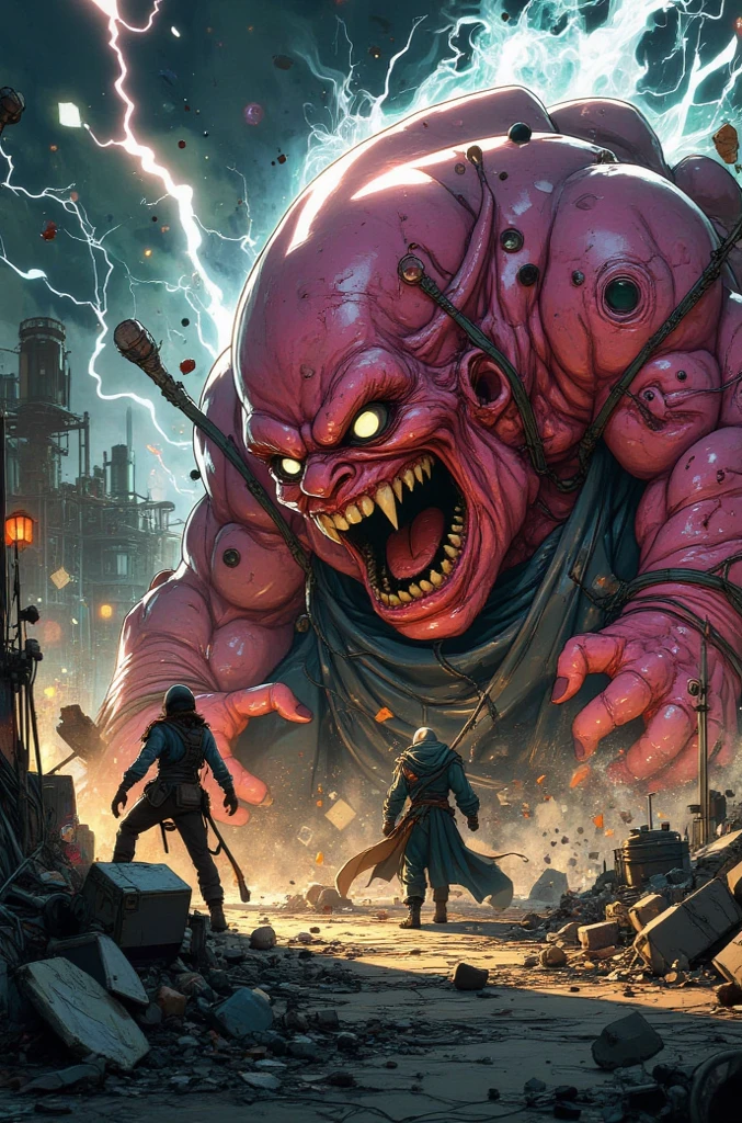 ((best quality)) , ((masterpiece)) , (detailentasy illustration of an enormous wasp with glowing eyes, surrounded cheering people in the style of magic The gathering card art. In front is a large yellow moon over a fantasy town background. Vibrant colors are used.，(Horror-themed ， Eerie, unsettling, dark, spooky, suspenseful, grim, highly detailed,ugly)