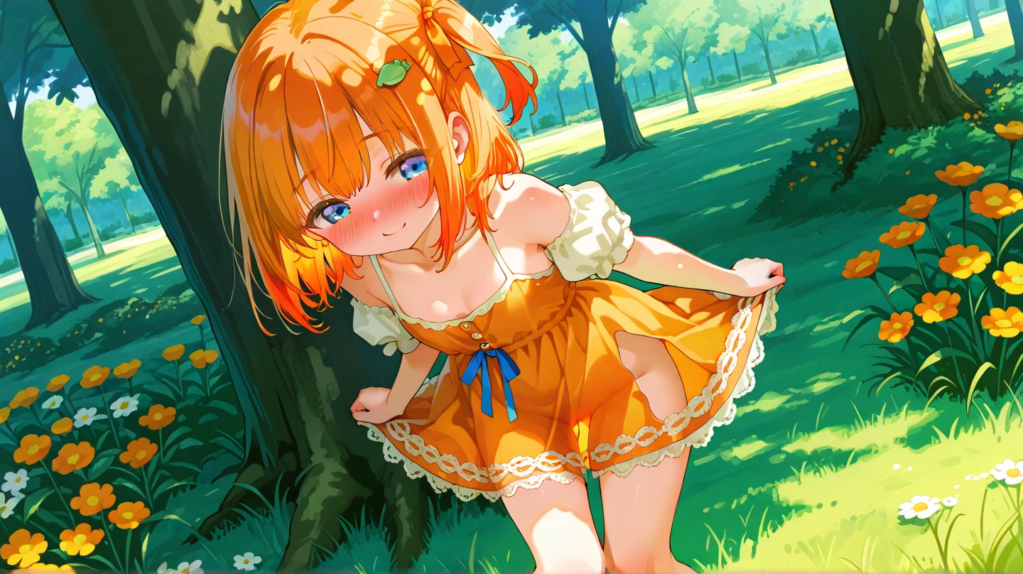 masterpiece, best quality, nsfw,
1girl, view from below,
(lift up the white dress:1.4), white dress, (white panties:1.5), straw hat, orange hair, embarrassed face,
grassland,