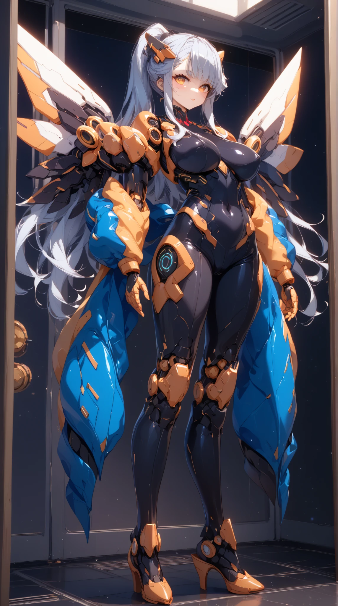 Create a stunning hard surface model of a woman, with intricate armor plating that fits her form perfectly. Focus on sleek, aerodynamic lines and subtle curves that accentuate her silhouette. Incorporate detailed mechanical elements like gears, joints, and glowing accents to give her a futuristic and powerful appearance. Ensure her pose exudes confidence and allure, suggesting strength and elegance without overtly stating it. The overall design should blend both beauty and complexity, making her a captivating figure in any setting