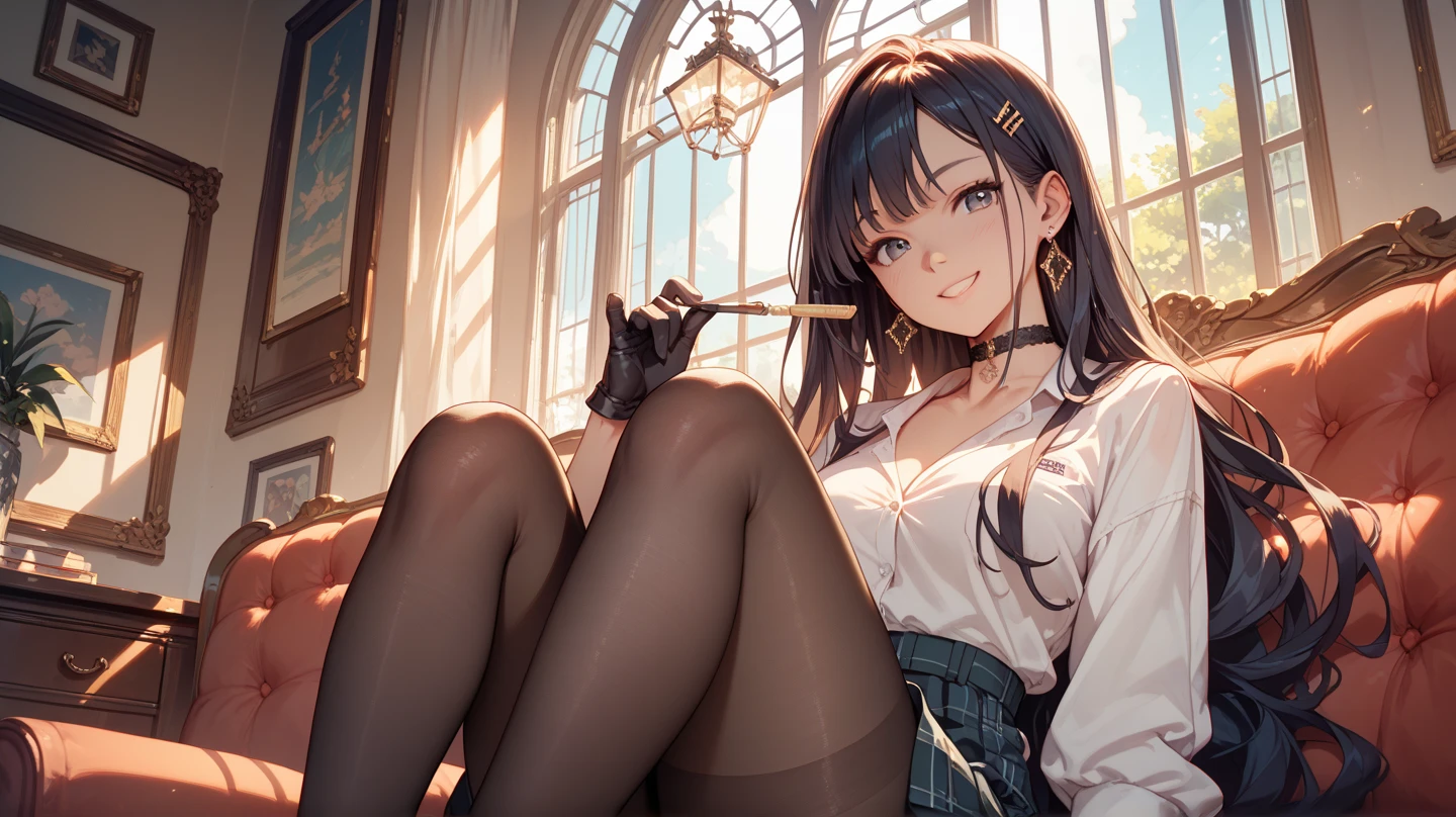 a beautiful young woman with a mischievous smile, sitting with her legs apart revealing her panties, seductive wink, wearing a mini skirt, long thick thighs, large buttocks, , twin tails, black hair, looking down at the viewer, photorealistic, 8k, hyperdetailed, masterpiece, high quality, glossy, dramatic lighting, vivid colors, cinematic