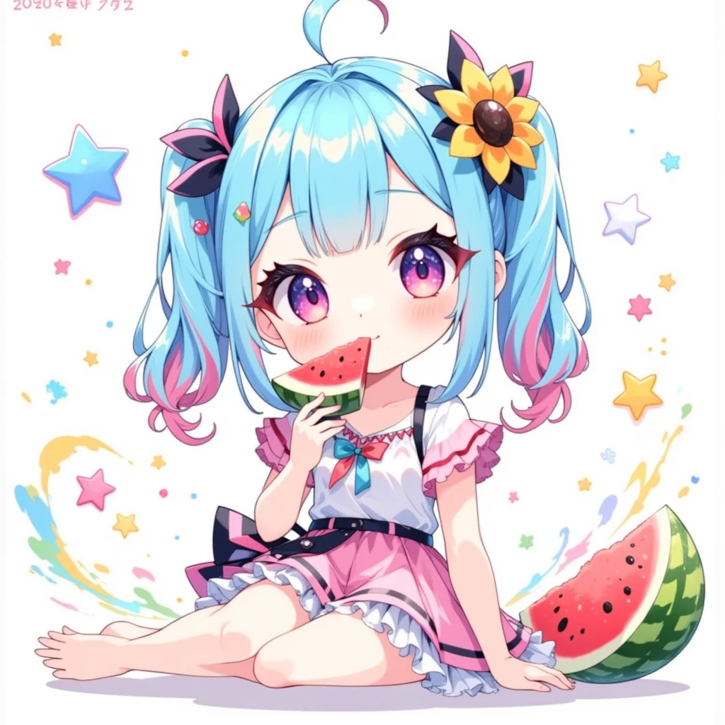 Chibi:1.2、(White background:1.3)::5],(imid shot:0.95),(Full body:1.25),
(Official art:1.2),
//,
(Falling down:1.1),
(fetal position:1.2),
Eat cut watermelon,
nose blush,cute little,Open mouth,mini crown,(white thighhig:1.3),
Raleigh,Little Girl,Bandaged Legs,Barefoot,Full body,Green eyes,Rabbit ears,(watermelons,mare、the beach:1.2),
aqua hair,Long hair,Blunt bangs,White swimwear,plunging neckline,Cross Halter Dress,Waistband,