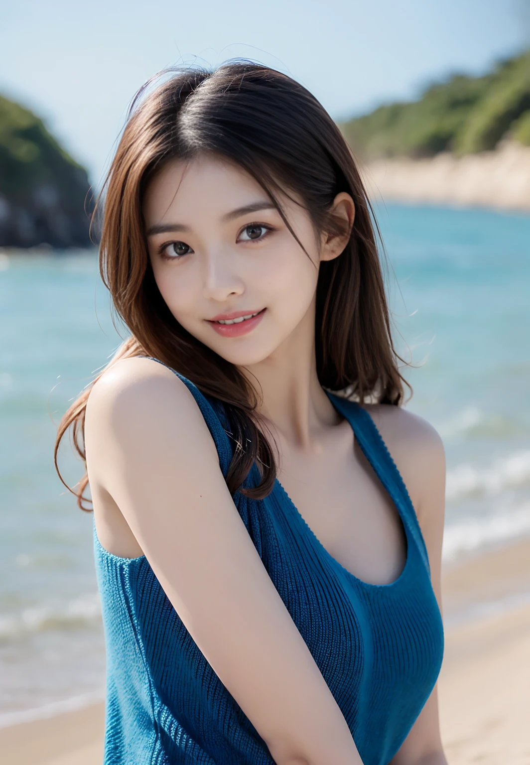 ((top-quality、masutepiece、8K、Top image quality、Hyper-Realism))、(1 photo:1.3)、(Beauty 1 person)、(Photo above from the female breast:1.2)、smile looking at me、the most detailed face、sparkling gemstone necklace、Off-shoulder top with ruffles、Standing on the beach、the most beautiful sea、Beautiful sky、beautiful thunder clouds、Refreshing sea in the background、Shining beautiful sea background、Random body orientation,
