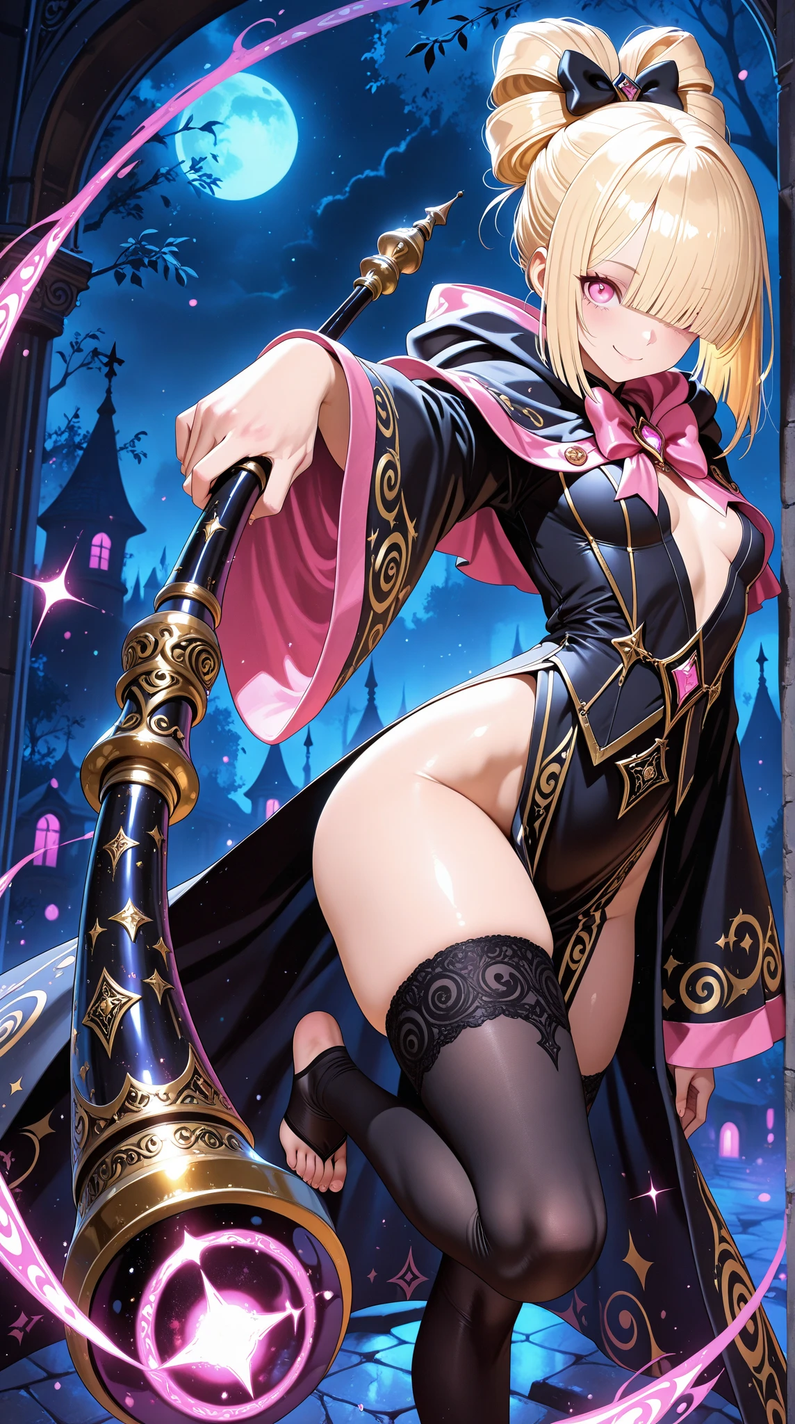 score_9, score_8_up, score_7_up, score_6_up, score_5_up, score_4_up, male, anthro, goat, feminine_goat, femboy_goat, surprised_face, subtle_blush, wizard, white_fur, pink_eyes, clouds, black_leather_underbust_corset, white_sleeveless_blouse_under_corset, black_cloth_pleated_microskirt, wind_blowing_up_skirt, purple_cloak, purple_wizard_hat, holding_spellbook, midriff, black_thigh_high_socks, black_leather_elbow-length_fingerless_gloves, high_rise_thong, view_from_back, black_leather_high-heel_knee-high_boots, skimpy_clothing, absolute_territory, night_time, full-body_picture, bent_over, presenting_butt, spread_legs, standing_up, pigeon-toed, blep, sticking_tongue_out, anus_visible_under_thong