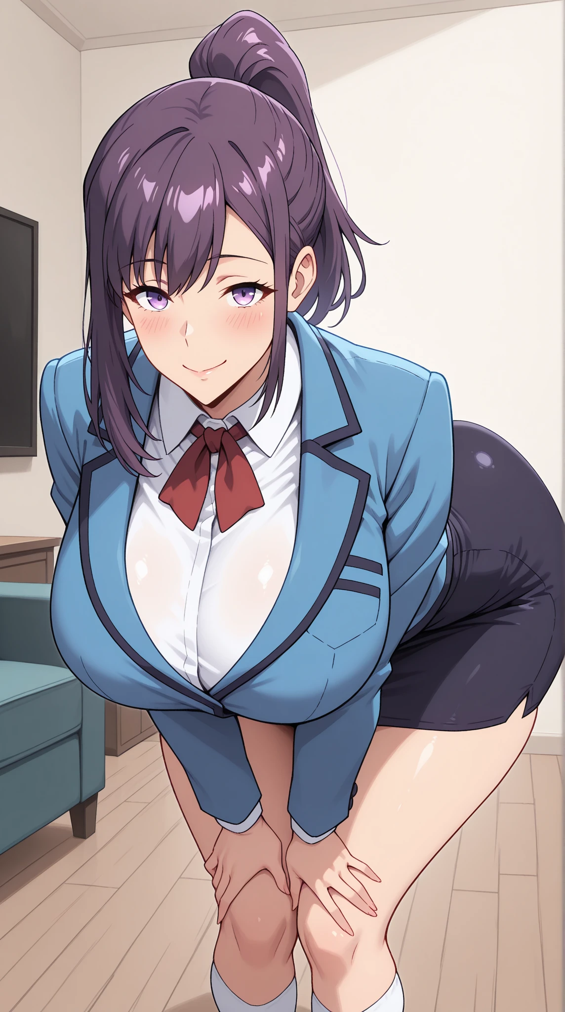 (Perfect body),Best Quality,16 K、((NSFW))、blush、(:o)、embarrassed from,((Short hair))、((low twintails))、(((((Hair intake)))、(((Blue eyes))))),((Dark purple hair)),(Sweat)、(Red-rimmed glasses)、(whitepanty)、Officelady, Black Office Blazer, Office Skirt、((Big ass))、((Big breasts))、(((thick thighs)))、((Hands behind the head))、(spreading legs)、Office room