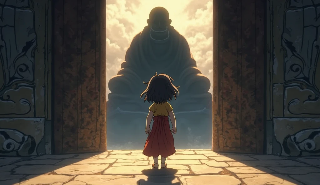 A high school girl stands with her arms folded on the palm of the Great Buddha、Black Hair、Bobcut、Japanese、Dynamic composition、Real。
