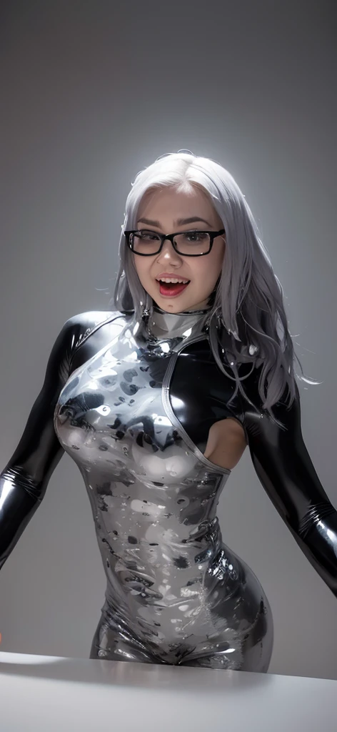 full body picture Unreal Engine 5 8K UHD of beautiful woman, white short hair, Wearing black and white tight futuristic latex spider woman cosplay, latex gloves, wearing purple glasses, earrings, Lip piercing, Modern city, highest quality, masterpiece, 8K UHD Wallpapers,masterpiece, highest quality, bondage, big breasts,, handcuffs, bondage_blindfold, temporarily stopped, ball_gag, restrained, Ahegao, stage