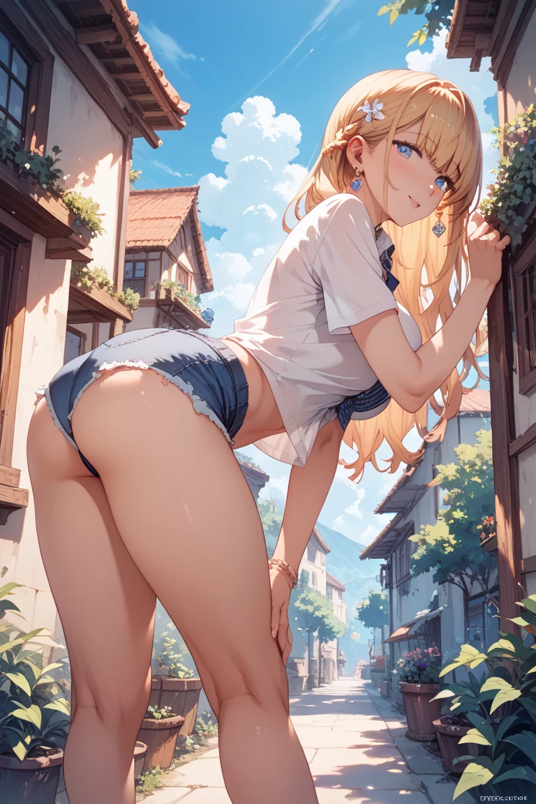 master-piece,hyper quality, hyper detailed,perfect drawing,Solo, Kogal、gals、High school students、student clothes、a miniskirt:(0.7)、facing back、Stick your butt out、big round ass、Standing、((Panties in full view))、Suntan-Skin:(1.2)、cute smile face、Cheeky smile、sunburn marks:(1.5)、(((Buggy socks)))、portlate、bustup、Shooting from the back diagonally below、beatiful backgrounds、Detailed drawing、Accurate drawing。Schoolgirl, gals, asa, , Bully, Futanari、a blond、huge tit、White underwear、blouse、full bodyesbian、Very short checked skirt、Plump thighs、Emphasis on the buttocks、Panchira、Looking up from below、stairway、Black Knee High Socks、