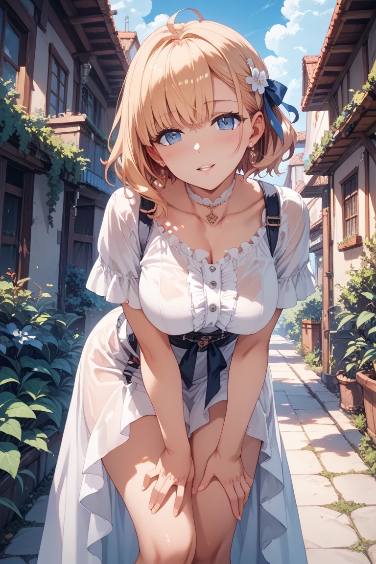 ((topless)), nsfw, masterpiece, 1 girl, erect nipples, nipples, navel, necklace, scottish kilt, smiling, hair ornament, bare breasts, bare stomach, sweaty, cowboy shot, small breasts, puffy nipples, hair ribbon, texts, bare arms, collarbones, blonde, flower crown, smiling, petite, flat chest, blue eyes, scottish skirt, small breasts, child, apple basket, farm, alpine, temperate, , slim waist, snowy mountain, detailed eyes, beautiful eyes