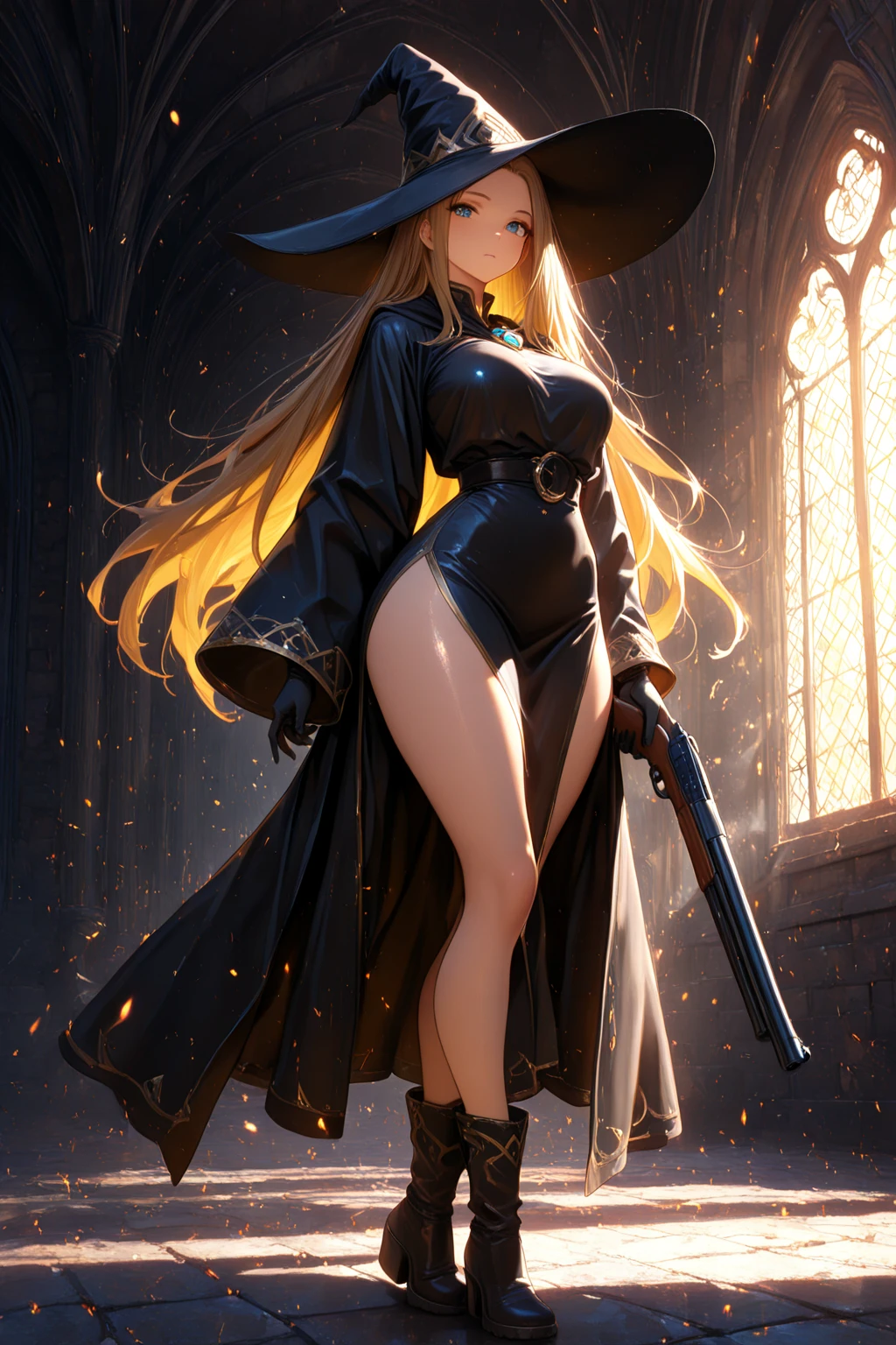 (masterpiece:1.2), (best quality:1.2), perfect eyes, perfect face, perfect lighting, 1girl, mature female wizard casting a dark spell atop a cliff, staff, medium blond hair, curly hair, mage_glam, black and gold robes, long sleeves, necklace, chains, straps, belts, stockings, garters, wizard hat, long nails, detailed background, makeup, eyeshadow, thick eyelashes, fantasy, looking at the viewer  <lora:blackMageFashion_v10:0.5>