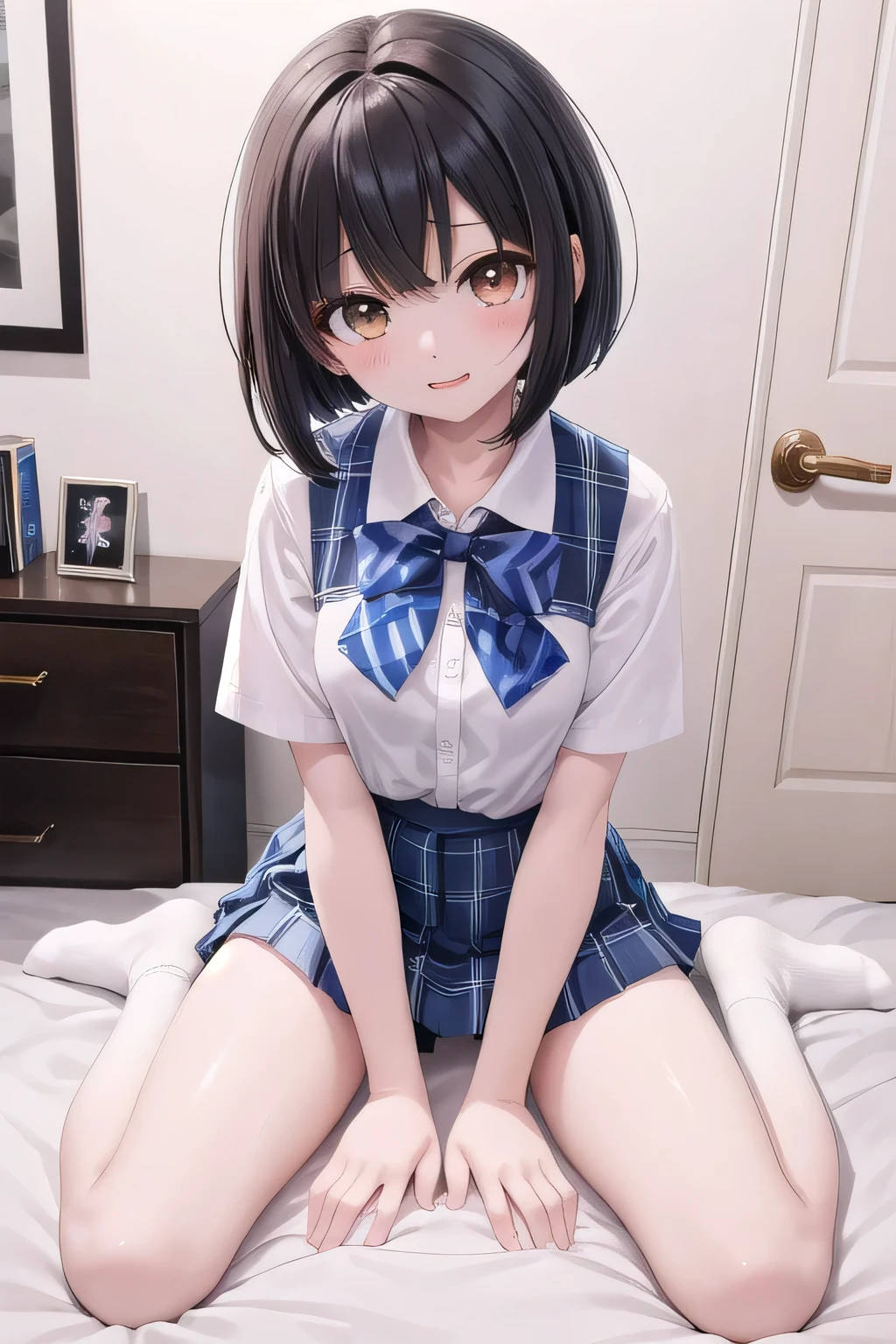 (masterpiece:1.4)、(1male people:1.9)、1girl、,(:1.2),high school student,beautiful girl,(short ponytails:1.2),akb48,nogizaka46,sailor suit,high ,(A father is touching his delicate girl's crotche:1.9)、student clothes、a closeup、Lying in bed、Father touching the crotch of delicate girl、(Cute 15-year-old delicate girl with semi-long hair and 50-year-old father with short hair)obscenity:1,2、Metamorphosis:1,2、NSFW:1,2、caress:1,2、Wrinkles between the eyebrows、Touching each other's crotches、red blush、toppless、White panties、Dark blue pleated mini skirt、tre anatomically correct,(small breasts:1.2),(skinny:1.2),(have a dildo in hand:1.5),dildo,sextoy,