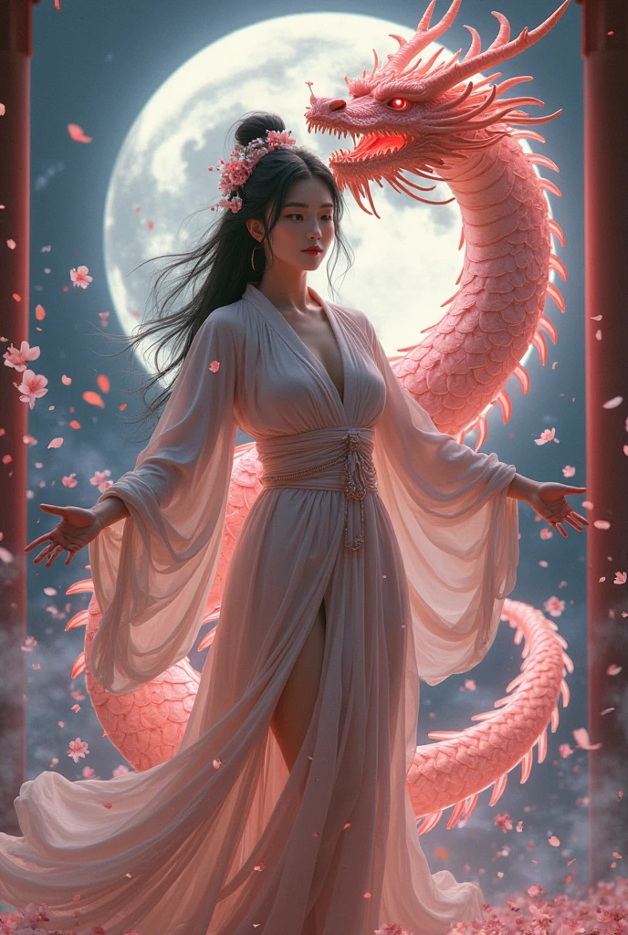 "Very beautiful 3D rendered white Chinese dragon，Representation of dynamics, Vivid effects and details，Top image quality，hight resolution，plethora of colors,　Pile of Coins, Treasure" pregnant woman in white dress with pink dragon painting in background, artgerm and ruan jia, dragon girl, hyperrealistic fantasy art, realistic fantasy painting, ruan jia and artgerm, wlop and ross tran, ross tran and wlop, the dragon girl portrait, ross tran and artgerm, realistic fantasy illustration, beautiful fantasy painting, beautiful fantasy art
