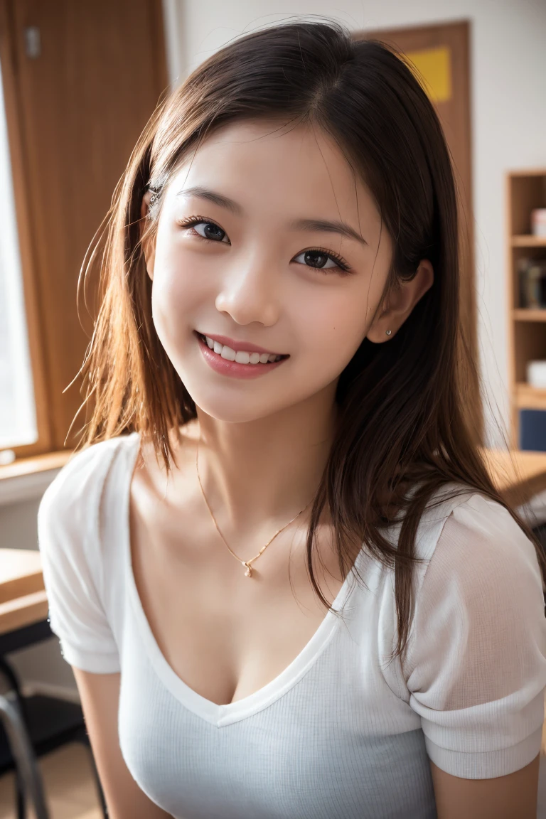 masterpiece,best quality,(Japanese ),((Beautiful girl)),cleavage,indoor,(perfect body beauty:1.2),(shy smile),beautiful teeth,