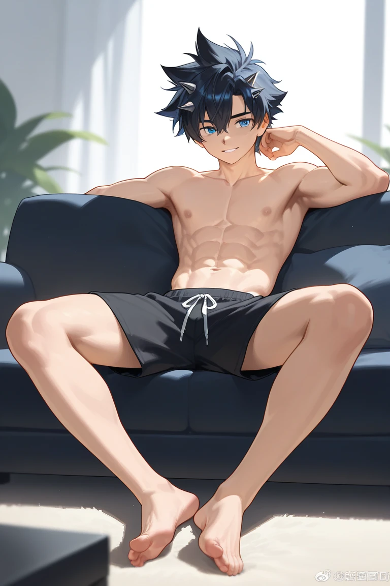 (detailed eyes),detailed skin,(masterpiece,best quality:1.4),Top Quality,High quality,Ultra detailed,insanely detailed,anime style,1 boy,18 years old,smile,shirt,boxer briefs,(zebra pattern),balcony,table,sit on a chair,stylish,