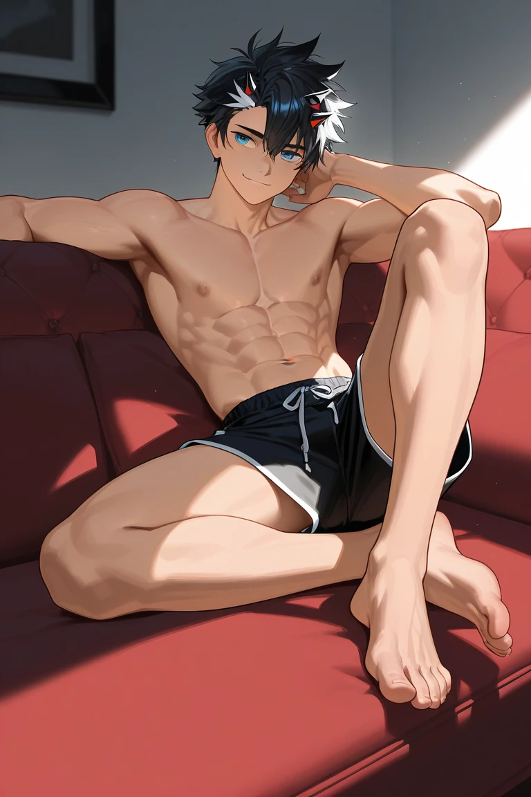 ((8K:1.2),masterpiece, Highest quality, Ultra-high resolution:1.25) beautiful boy anime face, sweet body, no muscular body, 16 old a boy, high school student boy, face and body emphasis, (gay anime hentai), tall boy, no underwear, bedroom alone, sexy pose, (blushing and smile face, shirtless body), short hair, black eyes, micro leather shorts, high leg string, want sex, prostitute boy, full body, crotch emphasis, crotch touching, sitting cross-legged,