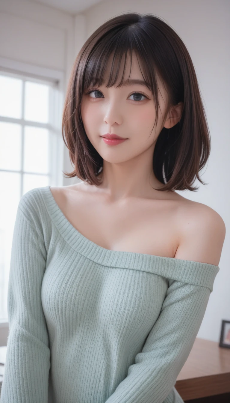 ((Highest quality, 8k, masterpiece :1.3)), (Sharp focus :1.2, Beautiful woman with perfect figure :1.4, Slim Abs :1.2), ((Big Breasts, Emphasize cleavage:1.3)), (Photorealistic:1.4), (realistic:1.4), (Short Bob Hair, Light brown hair:1.5), Highly detailed face and skin texture, Fine grain, double eyelid. Makeup face, A little bit of lipstick, sex appeal, Sexy gravure pose, ((A gal wearing a green super tight mini skirt and off-shoulder top、She smiles happily and poses sexy at the Metropolitan Museum of Art in New York。Adorn your legs with an emerald bracelet。:1.3))