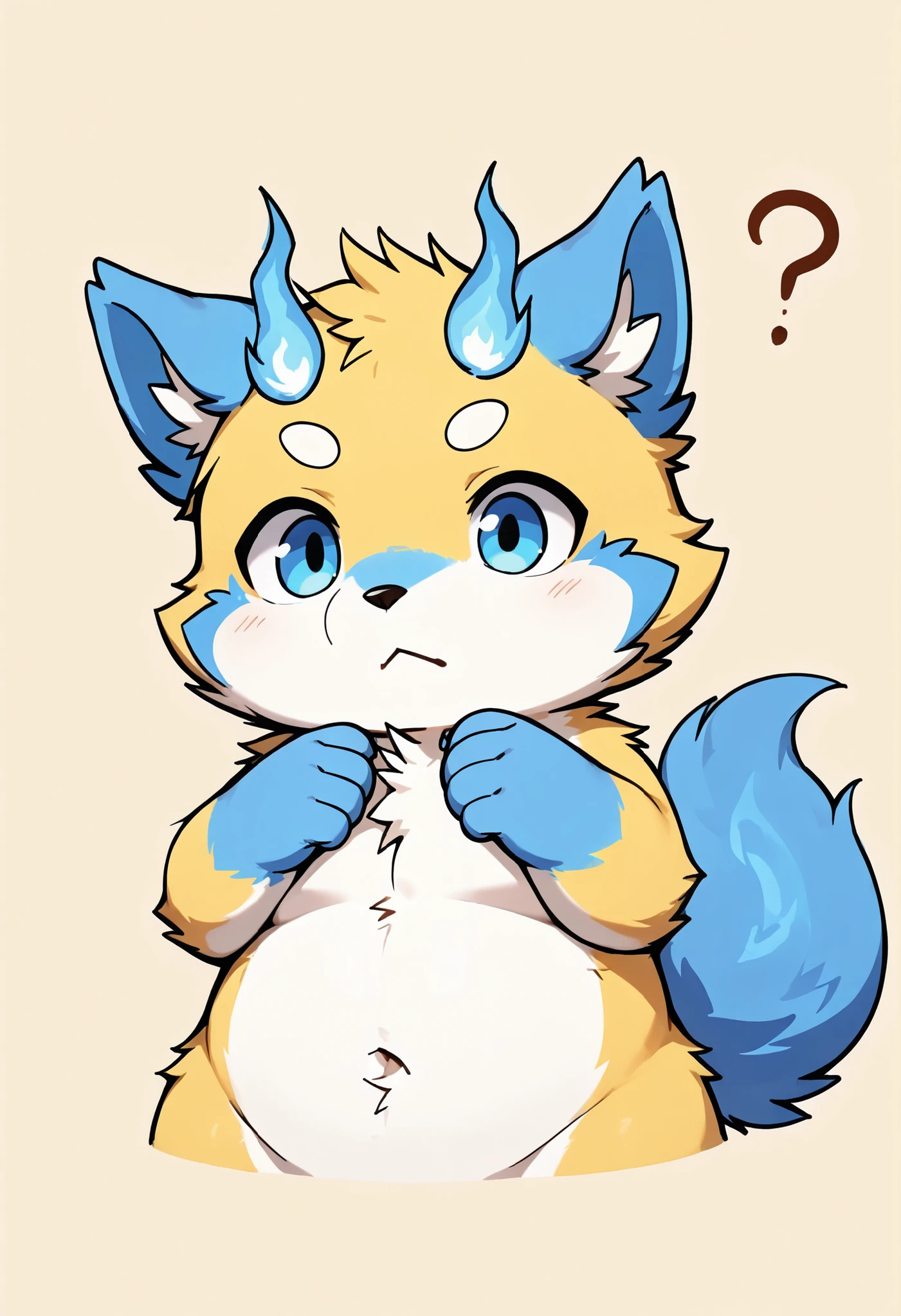 close-up, chibi, :<,portrait, solo, male, solo, botailang,yellow body, white belly,tail,blue hand,?,blue eyes,(tanuki:0.3)
