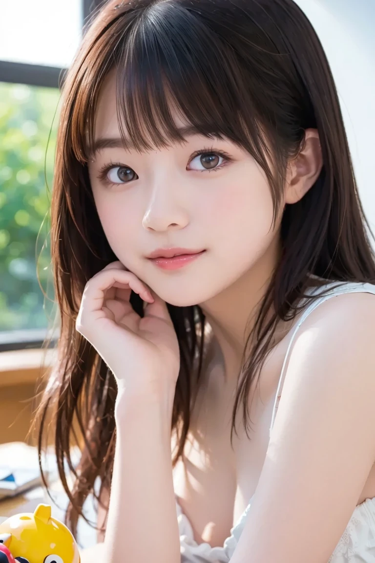 1womanl, up of face, mideum breasts, light brown hair, Blunt bangs, hair behind ear, hair over shoulder, Long hair, slender body shape, Ultra Fine Face, Thin face, Delicate lips, Beautiful eyes, thin blush, eyes are light brown, perfect glossy skin, flawless skin, Glistening sweat,View here, Ultra-thin hands, Ultra-fine fingers, best ratio four finger and one thumb, (realisitic:1.3), Finger Extensions, See-through white blouse. Broad-leaved forest, One-person viewpoint, Fuji Film, F/1.2, 8K, masutepiece, nffsw, Super Detail, High quality, Best Quality, hight resolution, Do not show your hands、the golden hour　beatiful lights