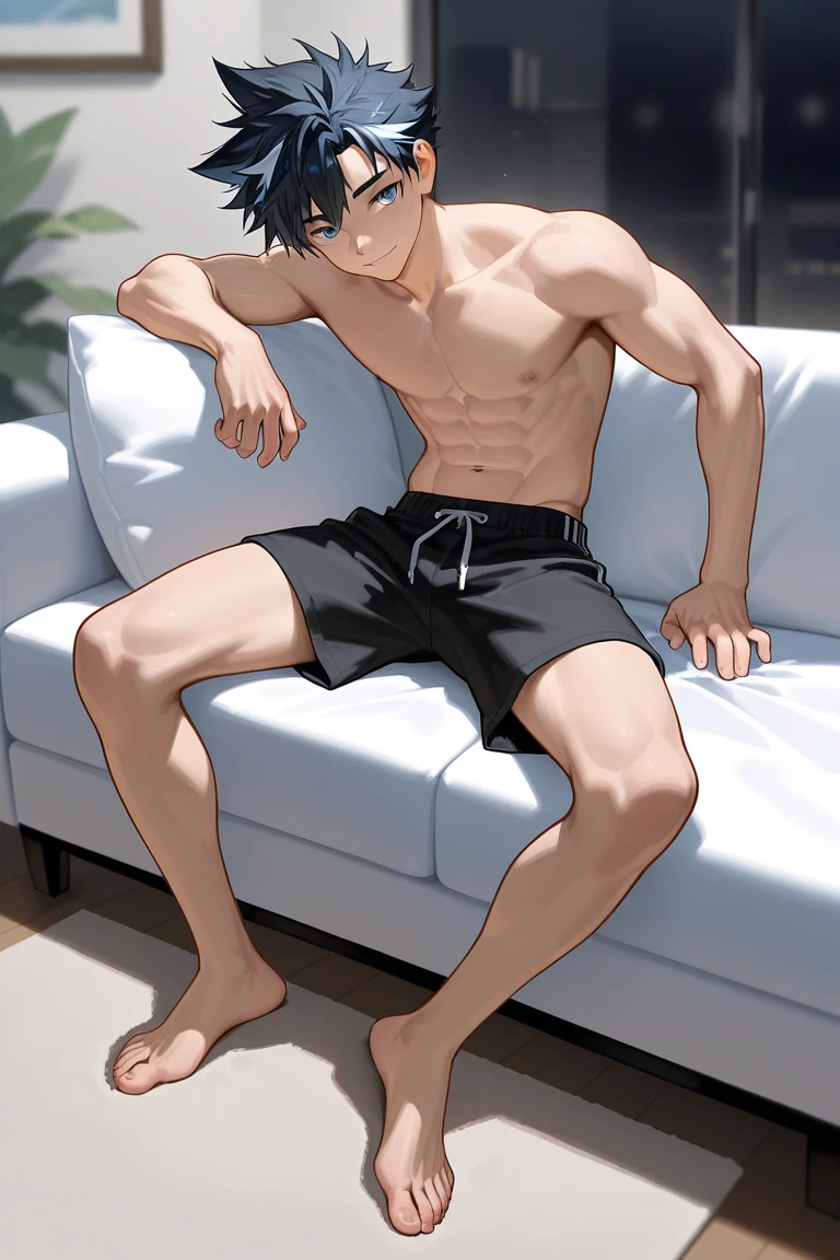 A tall man, muscular, clear skin, hip length hair loose white, in sexy pose, whole body, Sitting with legs open, hand near mouth licking his thumb