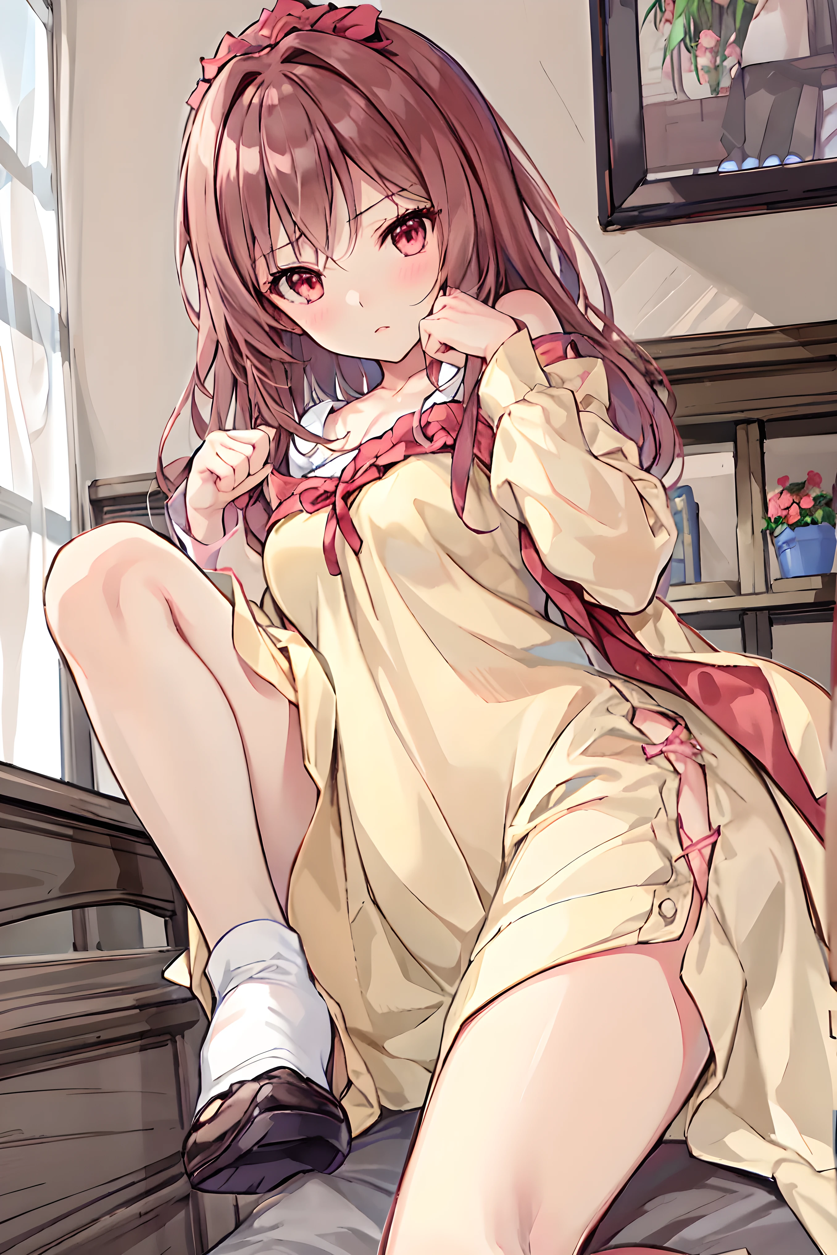 Lolita,SEX,NSFW,light brown hair,big purple eyes,Nice smile、Pink uniform、frills、Red cheeks、thin eyebrows、pink ribbon、long hair, Little Girl, child, 10 yo, Black knee high、flat chest、small nipples、 ((puss juice, Sweat, Sweatdrop)), (((spread puss,Not Safe for Work))), ((ure-thra)), nip,((cli-toris)), urinates, anus, spreading her pussy to the limit、hymen、Uterus、clitoris、urethra、Squirting、beautiful feet、clean hands、droopy eyes、Big eyes、White Mini Pleated Skirt、つま先までBlack knee high、Sparkling eyes、Her pink panties hang around her knees.、