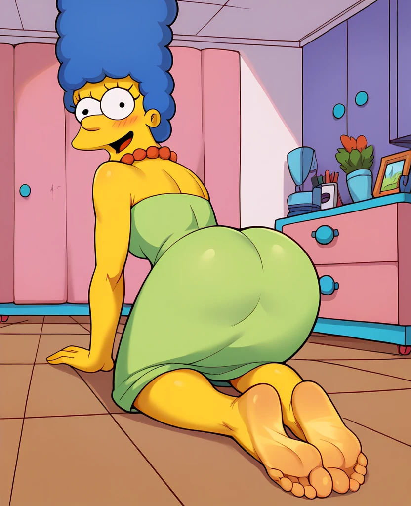 high resolution, Marge Simpson, work of art, 1 girl, ((booba)), (angry face) , hair blue, long hair,Broad Hips, thick thight, giant breasts, green t-shirt, huge giant round ass, yellow skin, niplles