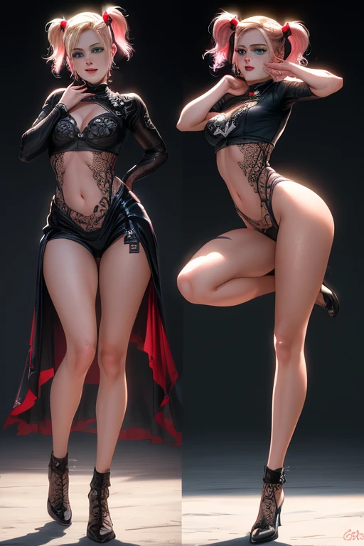 a woman in a black lingersuit and stockings posing for a picture, very sexy outfit, wearing sexy lingerie, sexy look, sexy outfit, stockings, intricate and detailed lace set, tights, tights, ripped pantyhose, sexy style, laced lingerie, thigh highs, scantily clad, lingerie, garter belt, seductive lady, fishnets stockings