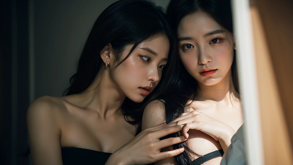 Close up sleeping white pale Chinese women wear black pajamas, big boobs, black background, high details