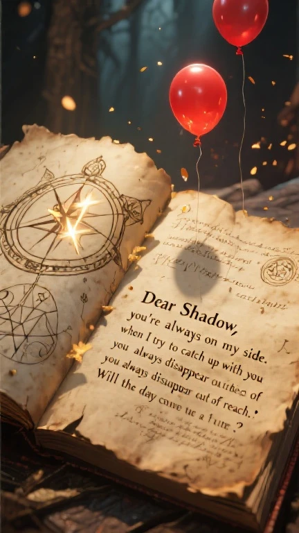 old paper, filled with blessing spells, weathered parchment, ornate calligraphy, Shining Rune, Mystical symbols, Suspended particles, dramatic lighting, fantasy atmosphere, 複雑なdetails, Cinematic Composition, Digital Art , concept art, 8k, high definition, photorealistic, Physical Based Rendering, bright colors, warm color、((Highest Quality, masterpiece, details, realism, Poetry book layout, Banksy works、typography, text rendering"Dear Shadow, you're always on my side. when I try to catch up with you, you always disappear out of reach. Will the day come when we can touch red balloons?"))