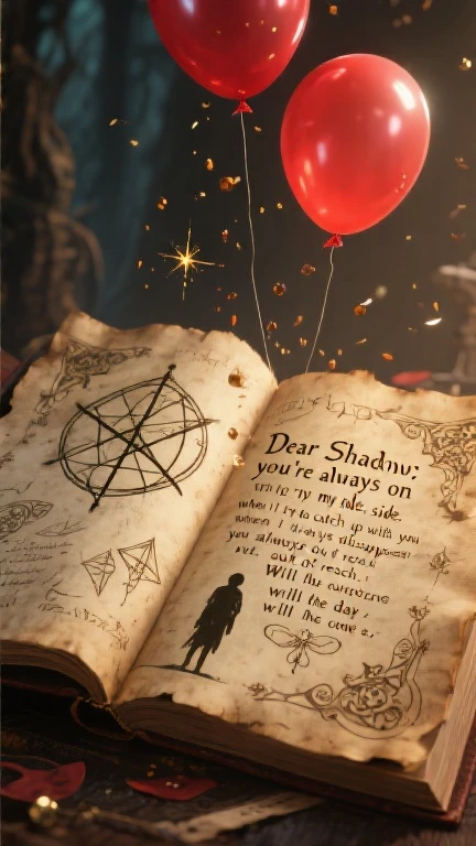 old paper, filled with blessing spells, weathered parchment, ornate calligraphy, Shining Rune, Mystical symbols, Suspended particles, dramatic lighting, fantasy atmosphere, 複雑なdetails, Cinematic Composition,  Digital Art , concept art, 8k, high definition, photorealistic, Physical Based Rendering, bright colors, warm color、((Highest Quality, masterpiece, details, realism, Poetry book layout, Banksy works、typography, text rendering"Dear Shadow, you're always on my side. when I try to catch up with you, you always disappear out of reach. Will the day come when we can touch red balloons?"))