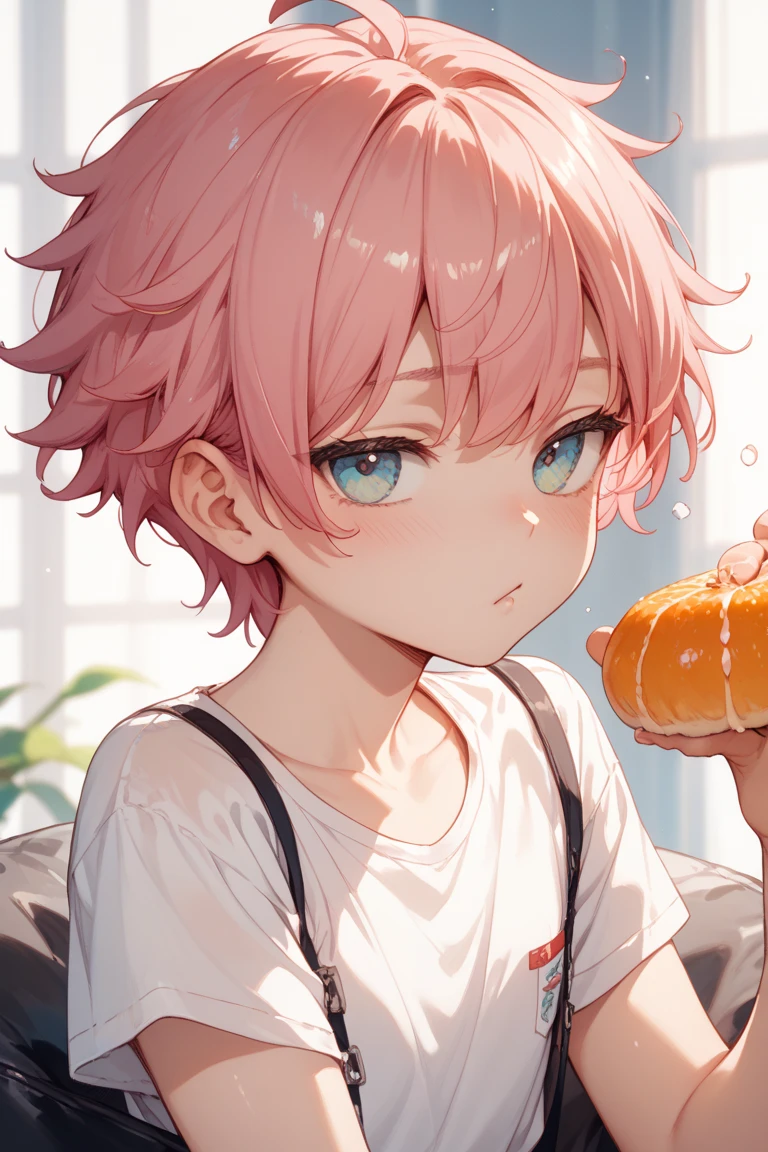 Beautiful little boy with blue eyes and pink hair the scenery of beautiful bright stars with blurred background he is holding a lollipop with his hands
