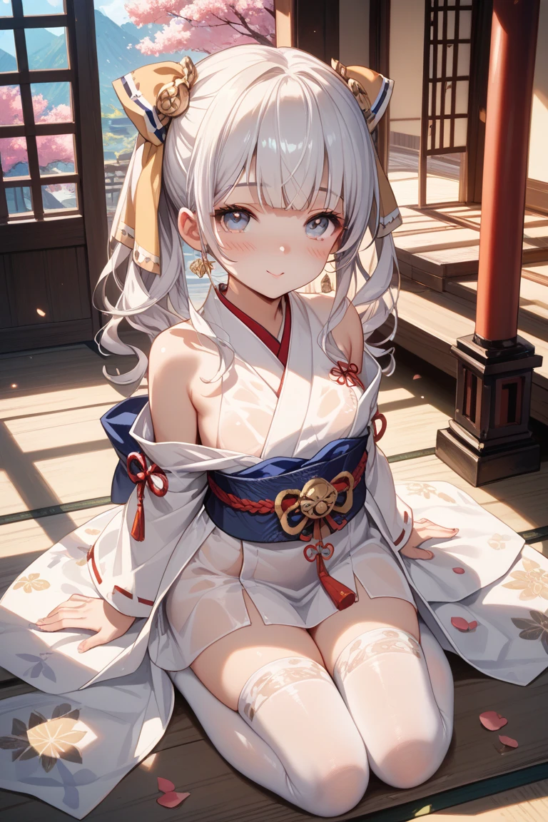 ((​masterpiece)), ((Best Quality)), (Ultra-detailed), ((kawaii)), Cute, (lovely), ((Sexy)), (Ero), ((Extremely detailed)), 4K, (8K), Best Quality, (Beautiful), Illustration, Anime style, Painting, Dynamic Angle, Full body, full body Esbian, from below looking up, A small shrine in a lonely Japan, Sit on the steps of the Japan chapel, (Open your legs), Gradation, full body focus, Cute  s, 1girl in, Solo, japanese miko costume, Hair of randomly selected colors, Randomly selected beautiful colored eyes, ((Beautiful eyes)), White-skinned, Randomly selected hairstyles, Buttocks, Big breasts that are about to burst, Naughty face, (Smirk), grin, (blush), sparkling effect, Lens Flare, shiny-glistening, gleaming