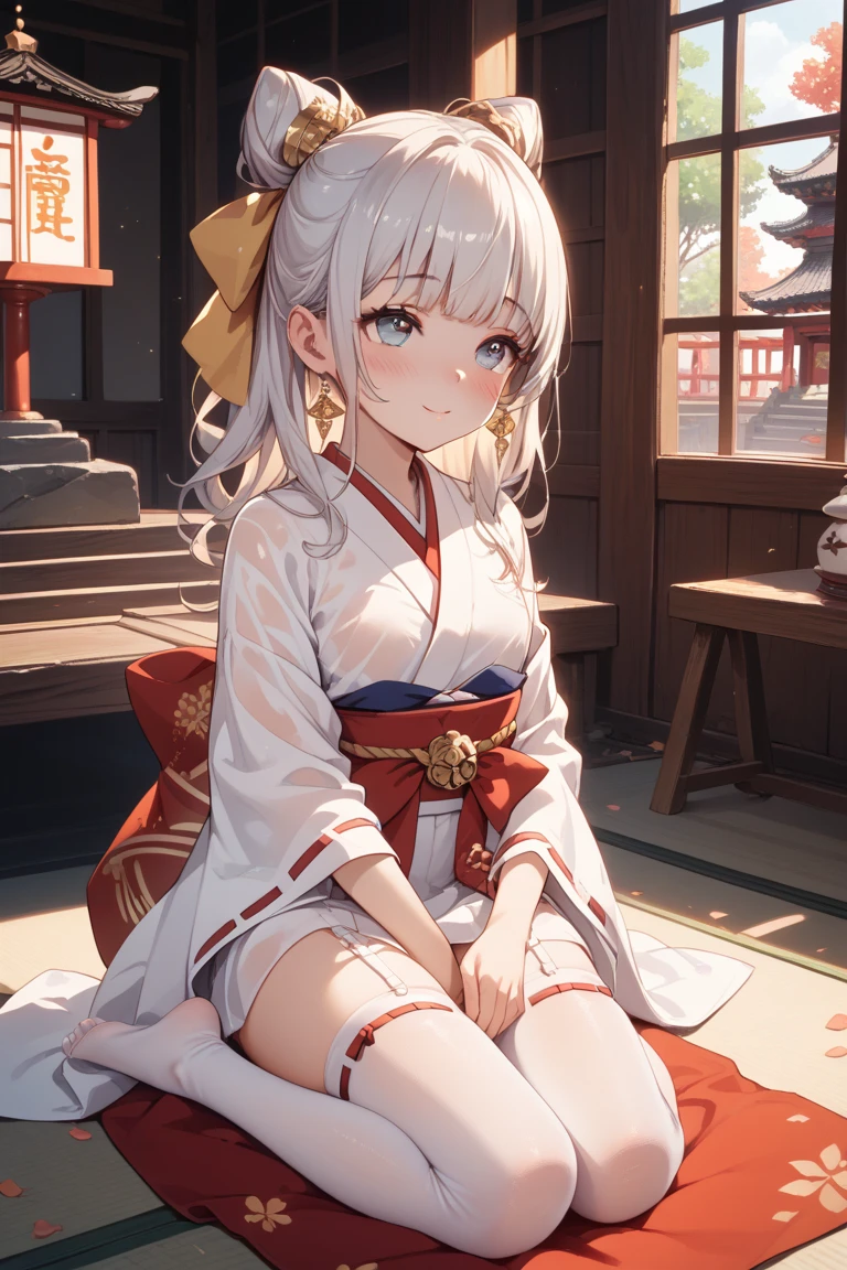 ((Masterpiece)), (Professional Photography:1.2), (High Definition:1.3), from side, best quality, 8K, Textured skin, cinematic lighting, (indoor), 1girl, (short stature), sit on the ground, ((cute girl)), (very blunt bangs, slightly loose curls hair, breasts length hair, high details of pale silver hair), (blush, smile), brilliant green eyes, (drooping eyes), (cute pose), barefoot, pale legs, small breasts, slender waist, ((wearing kimono,)), (beautiful Japanese dress), ((Gorgeous flower patterned kimono)), morning at dawn, cityscape