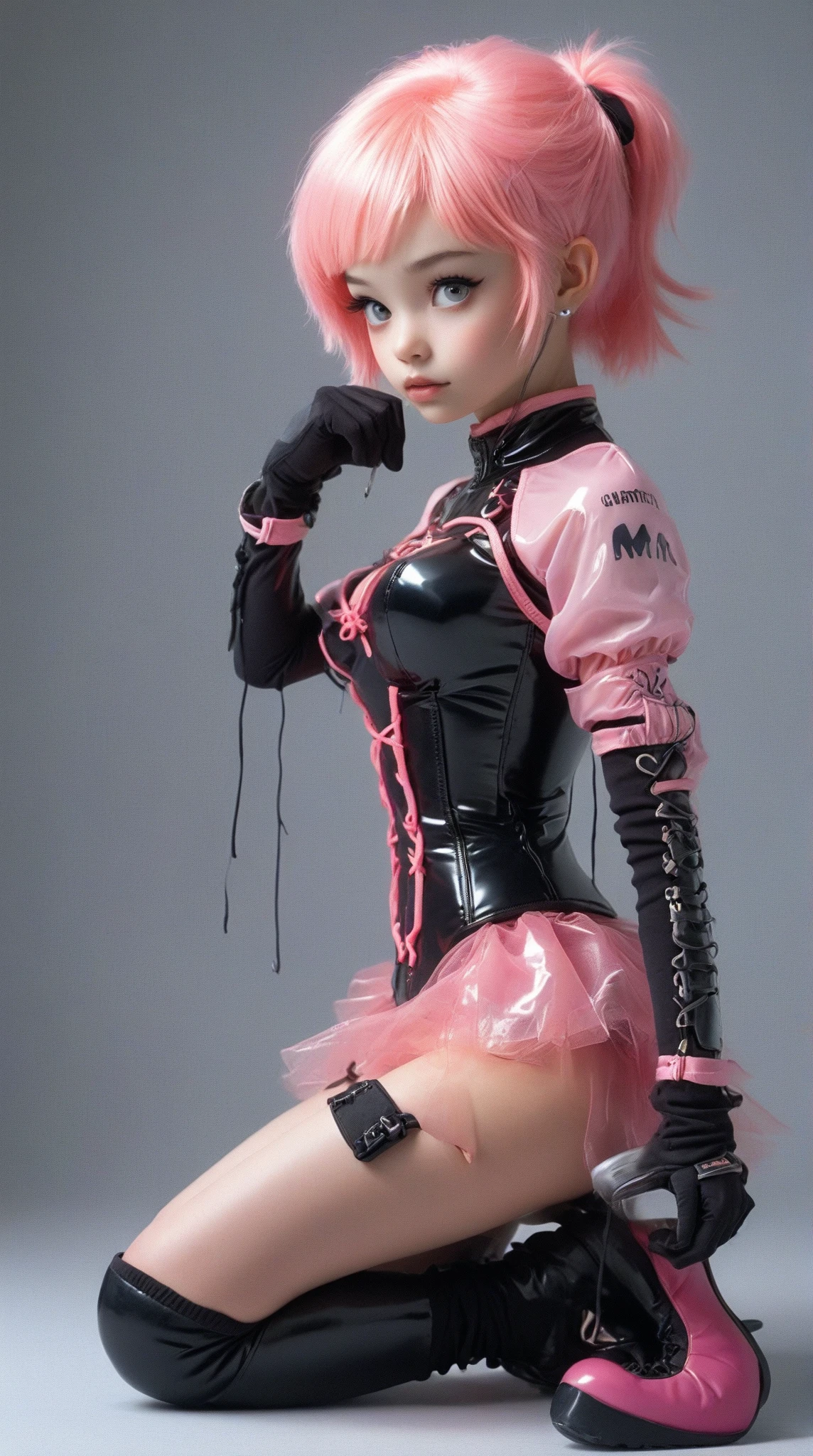 latex latex latex latex latex latex latex latex latex latex latex latex pink hair，pink eyes，arms behind back，arms behind back，White fishnet stockings，White fishnet stockings，White fishnet stockings，sit on bench，sit on bench