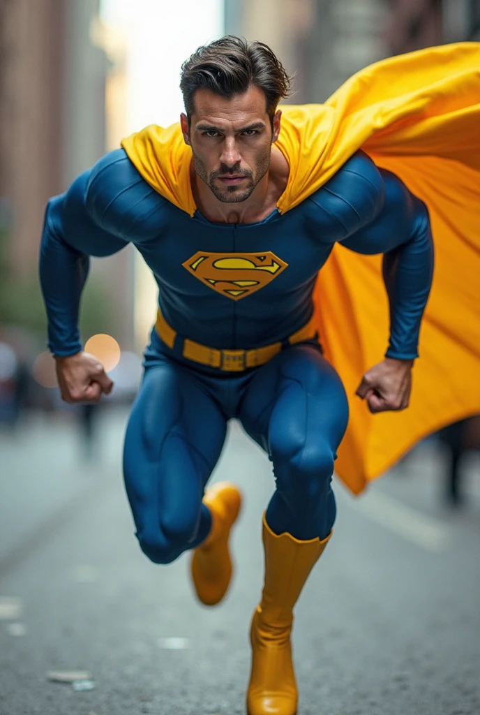 Professional runner with banana in hands, superman costume, high details, brilliant render quality, cinematic light, poster style