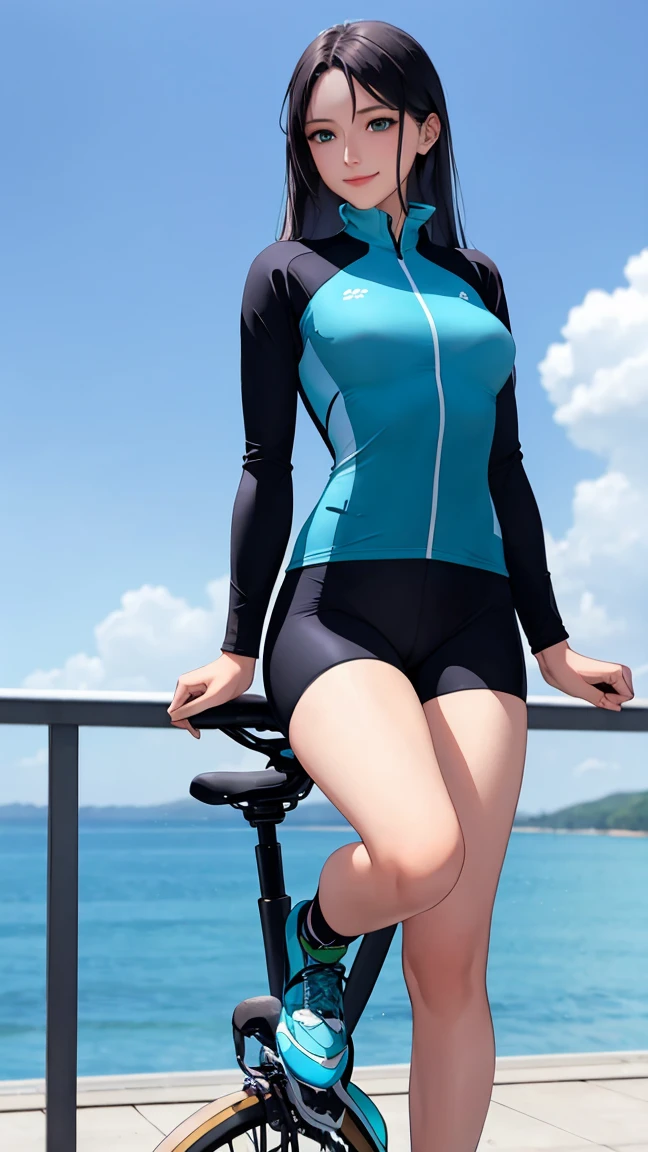 arafed woman in a blue and white outfit posing next to a bike, cute girl wearing tank suit, sporty, smooth white tight clothes suit, wonderful, wet swimsuit, cycling!!, wearing leotard, tight attire, nice, wearing tight suit, is wearing a swimsuit, riding a bike, gorgeous lady, sexy girl, riding, nike cycling suit, sweaty
