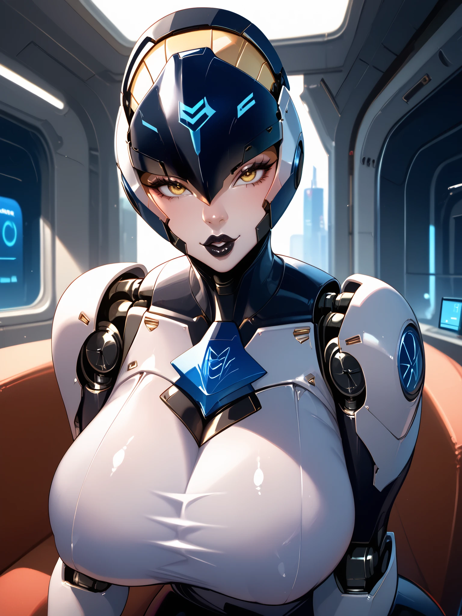 Greatest Masterpiece、Beautiful depiction、 Sexy girl、 yellow eyes、 big lips、 black lipstick、Female Robot、Robot Beauty 、Breasts are machines、 giant robot breasts、Big  of a substandard robot、 full face helmet head 、Visor that conceals up to the mouth、spaceship chair、robot bodysuit