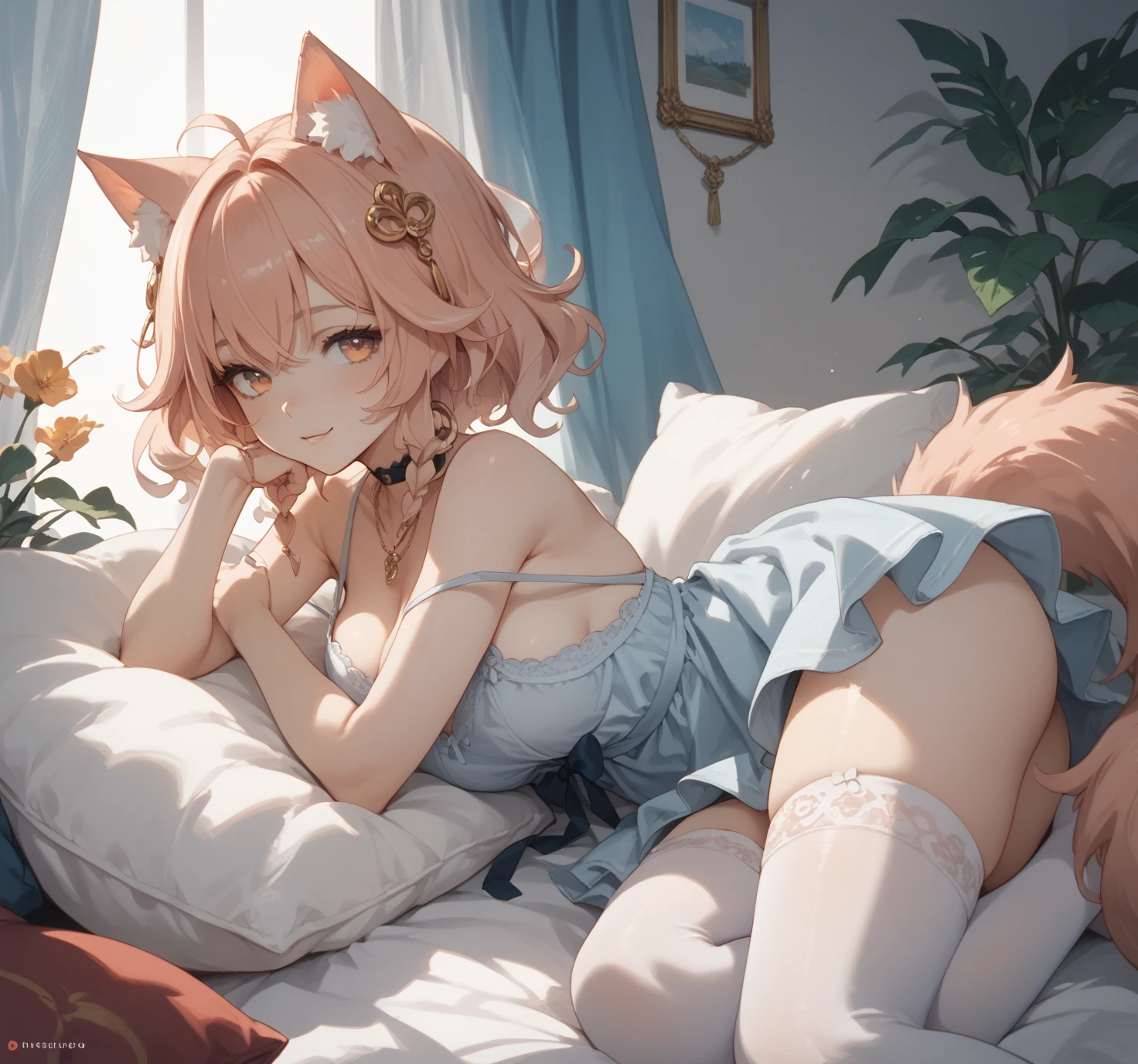 One girl anime styled。girl with。Blue eyes。 in estruig fox Tail。Looking at the camera,fox ear, pink hair, white crop top, fox tail, girl 18 old , utral light, sitting in the bedroom,hair hair, wear pantie, wear dress, salon,Wet and see-through、cute little、blushed、Chest cleavage、thighs thighs thighs thighs、No bra、witheout panties、high-level image quality、Vivid、high detailing、(( breast: 1.2)), ((blush face: 1.3)),((wet clothes:1.5)),wear white legwear,pink bikini,,((peeing:1.2))