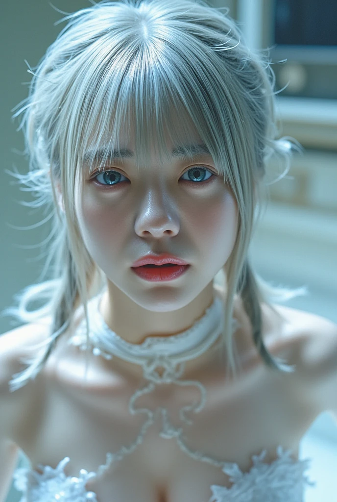 Highest quality, masterpiece, Ultra-high resolution, (Realistic: 1.4), RAW Photos, 1 Girl, Shiny skin, (Ultra-Realistic Details)), Portraiture, Global Illumination, Shadow, Octane Rendering, 8k, Ultra Sharp, big, South Korea details, Very intricate detail, Realistic Light, CGSoation Trend, Purple eyes, Glowing Eyes, To the camera, Neon Details,(Lighting on face:1.5)),((Delicately depicting the face:1.2)),((Silver hair color:1.4)),((Very short bob hair:1.2),(((Completely naked))),(((nsfw))),((Small breasts:1.5)),((Fair skin:1.5)),((Black Background:1.4)),((((nsfw))))