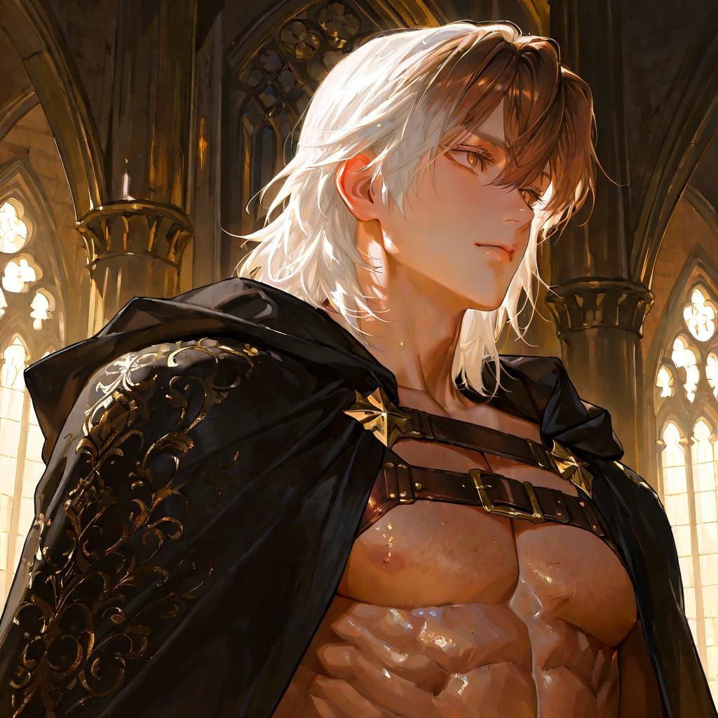Edgy, 1boy, high red, ultra detailed, (Detailed face), (detailed eyes), adhesive bandage over face, bandages over wrists, best quality, hyper detailed, masterpiece, lean physique, dark blonde hair, bedroom, sitting on chair, upper body