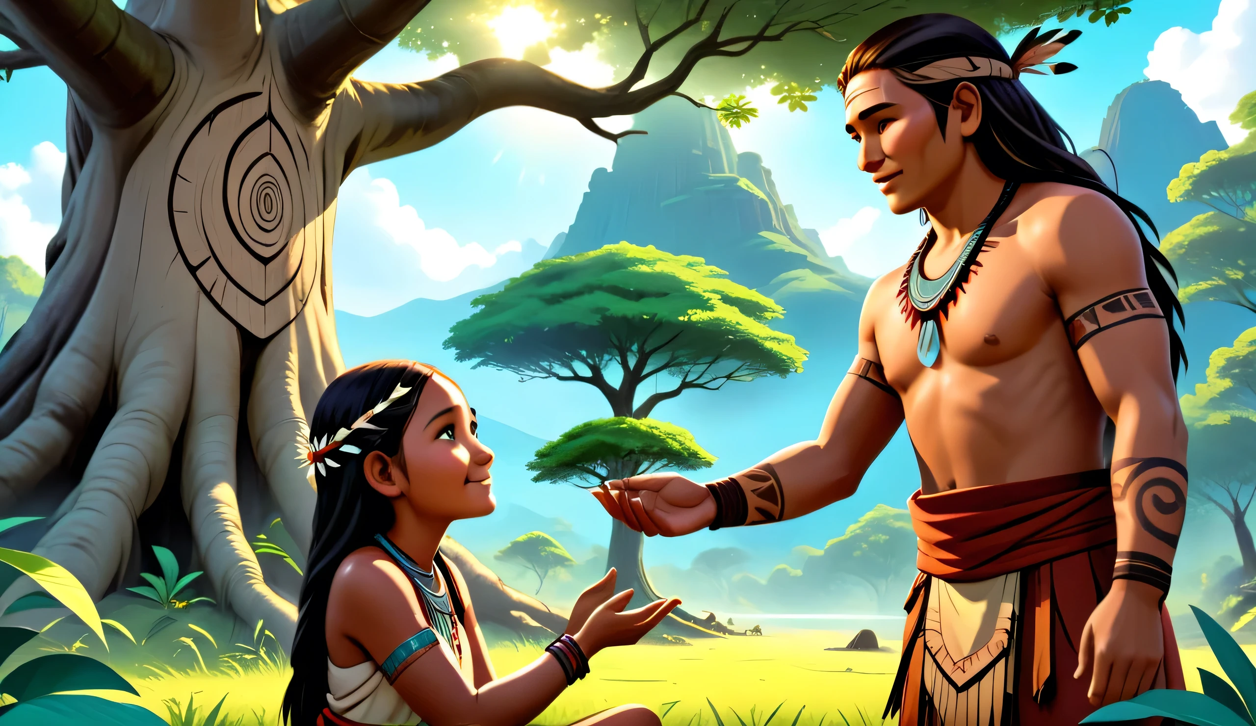 Realistic 3D flashback scene showing ancient tribal life—a healer meeting a tribal chief’s daughter under a sacred tree, secret smiles, hand-touching, nature all around.