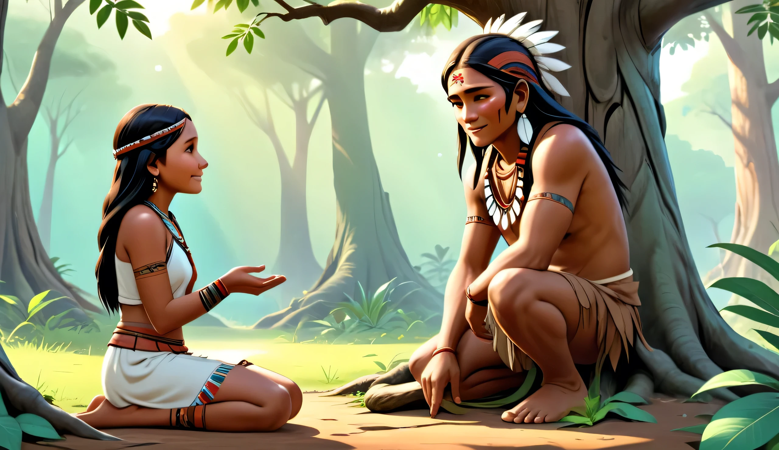 Realistic 3D flashback scene showing ancient tribal life—a healer meeting a tribal chief’s daughter under a sacred tree, secret smiles, hand-touching, nature all around.
