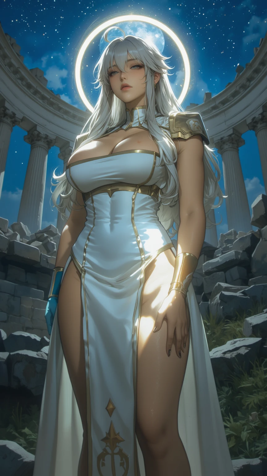 albino woman with very long hair, White skin, blue eyes, seductive look, big tits, giant breasts, milf, with sexy greek goddess fitted dress, very sexy greek goddess swimsuit, goddess appearance, beautiful goddess of olympus, very huge tits, olive branches around, gold laurel leaf tiara, in sexy and sensual pose, in Greece, gold laurel wreath, very busty, albino by the wide, giant tits