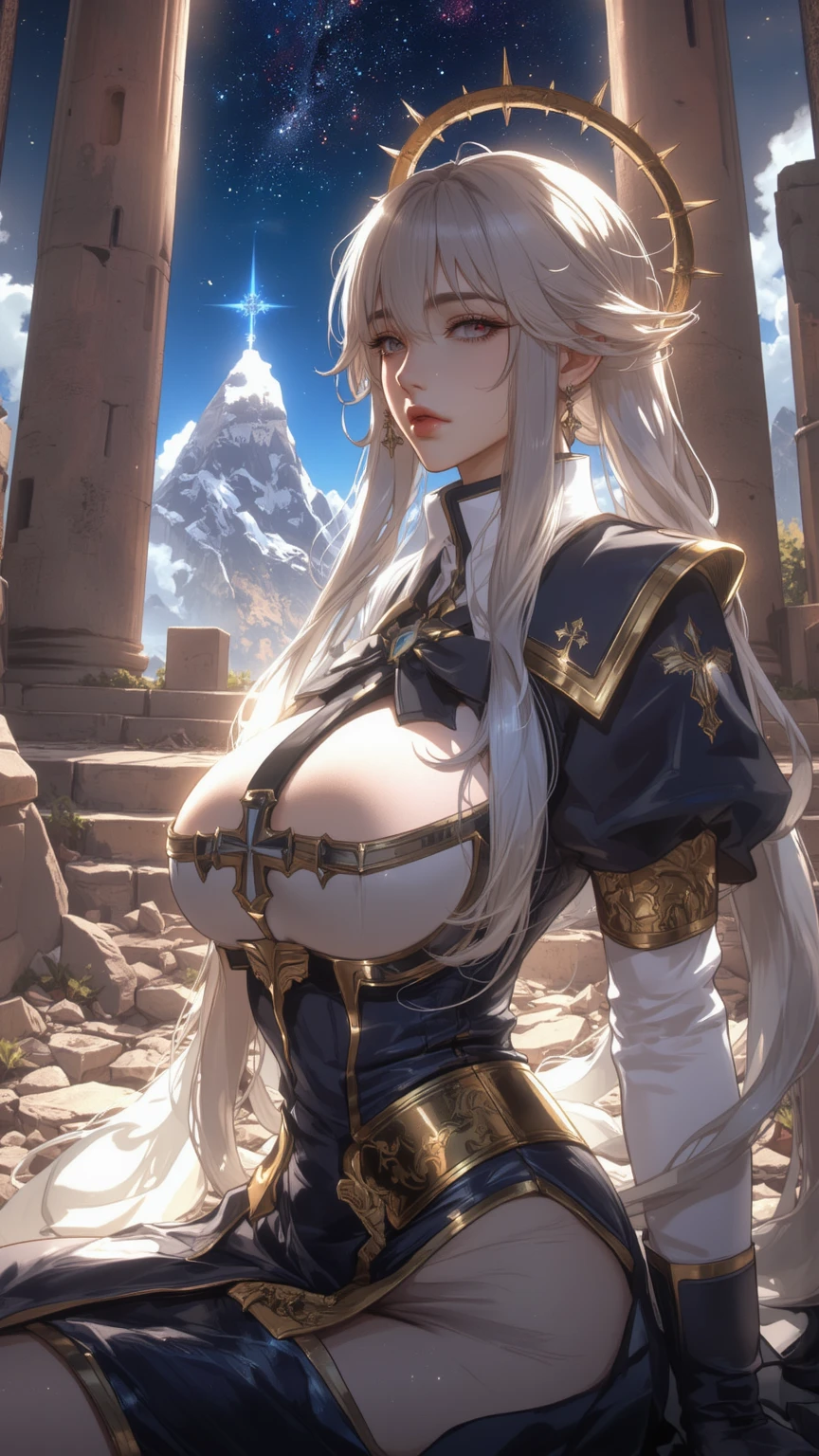(chest covered)(smile)Gray skin, pale golden hair and violet eyes. They prefer clothing of white and silver with cloaks of deep blue or purple,village background, huge_knockers, ((very precise detailed)), ((highres)