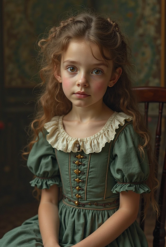 Young girl with long curly hair With a 19th century dress