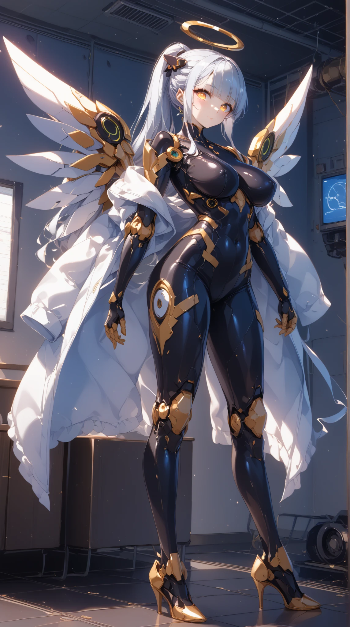 (best quality,8k,masterpiece:1.2),realistic,portraits,1girl,Kiana Kaslana,long white hair,golden eyes,arrogant smile,fortified suit,yellow bodysuit,high heels,sexy, intense lighting,vivid colors