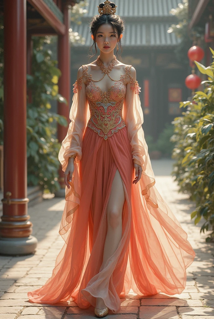 Chinese girl with coins gold , thick body, curvy body, curvy waist, big breast, white skin, gorgeous costumes embroidered with intricate embroidery, exposed breasts, flowing tulle, transparent long colorful ribbons tied on the arms, inspired by chinese movie, showing navel, bare shoulders, bare neck, hair in a high bun with flower hairpins, ribbons on arm rings, wreaths, bracelets, anklets, high heels, metal chain tassels on the waist, Mogao Grottoes art, ink painting, cgstation pop, in the city, ((fullbody)), ((super realistic)), green, green, green