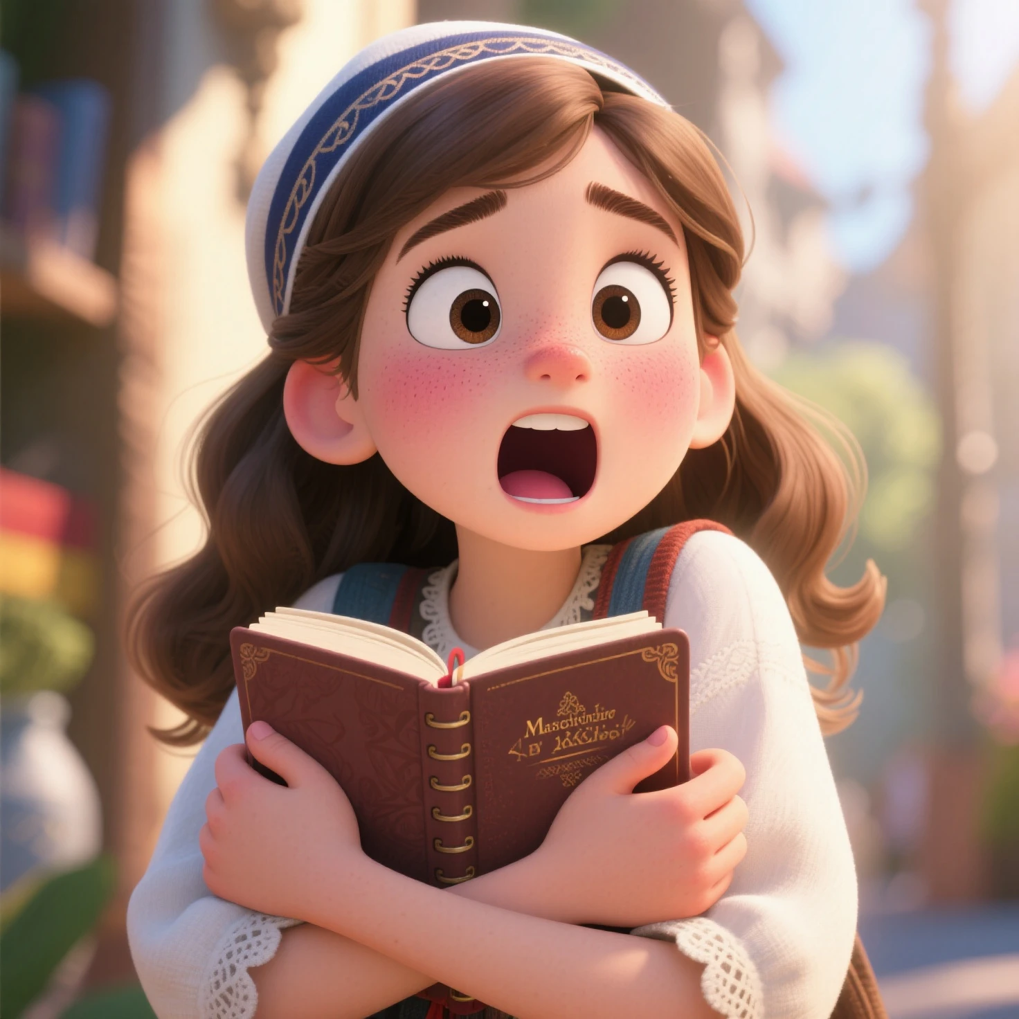 (masterpiece, best quality, 4K,8K,ultra detailed,detailed background,
beautiful,best quality,detailed,exquisite,extremely detailed,finely detailed,high quality,insanely detailed,
masterpiece,ultra detailed,ultra highres,ultra quality:1,4), 
focus,perfect light,dynamic light,natural light,
カートゥーンアニメの絵柄,の少女,ユダヤ系ドイツ人の見た目,赤面している,驚いた表情,叫んでいる,コメディタッチ,日記帳を両手で抱きしめている,視聴者と目線を合わせる