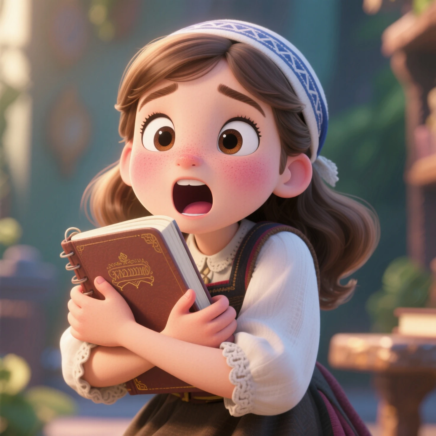 (masterpiece, best quality, 4K,8K,ultra detailed,detailed background,
beautiful,best quality,detailed,exquisite,extremely detailed,finely detailed,high quality,insanely detailed,
masterpiece,ultra detailed,ultra highres,ultra quality:1,4), 
focus,perfect light,dynamic light,natural light,
カートゥーンアニメの絵柄,の少女,ユダヤ系ドイツ人の見た目,赤面している,驚いた表情,叫んでいる,コメディタッチ,日記帳を両手で抱きしめている,視聴者と目線を合わせる