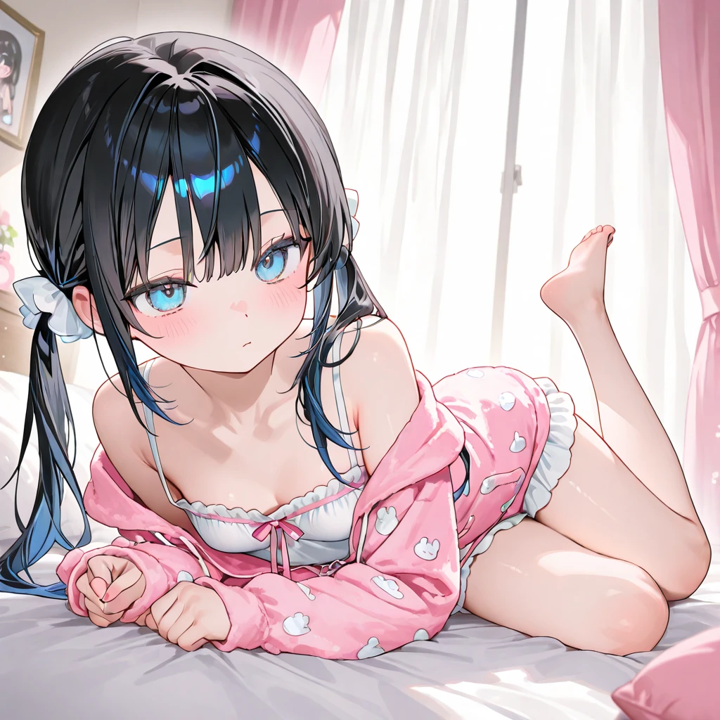 Hands behind back,Tied up with hands behind back,front view,1girl,Beautiful girl at ,Japanese,Slender,small breasts,Baby Face,Small face,Black Hair,Row Twin Tails,Gray Eyes,Drooping eyes,middle School girls,A transparent black and blue negligee,Sexy Lingerie,open mouth,tongue out,front face,Kneeling,Put your chin forward,Beautiful and detailed anime art,A mischievous smile,front view,high angle, looking at viewer, looking ahead, from above,face focus,Sexy vibe,cum on tongue,Dimly lit room,On the bed,Love Hotel,Dim lighting,Simple room