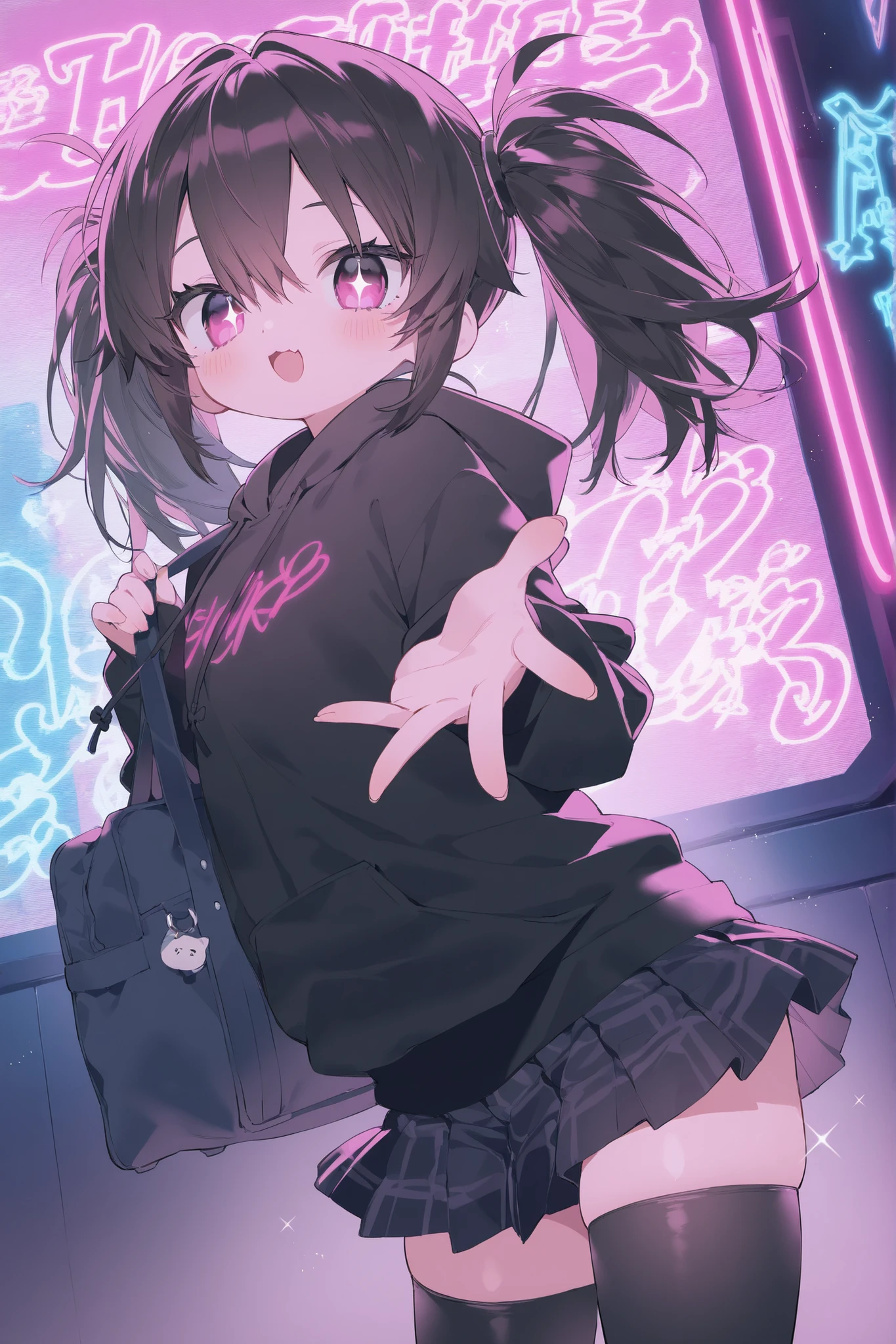 best quality、Highest Quality、8k、highly detailed CG、dynamic angle、cowboy shot、Neon Light Sparkling Cyber Nightclub、Illuminated signboard showing girls in the back、standing、see here、Beautiful Girl,1 cute girl、 cute pose with both hands 、cute accessory、black hoodie、I'm wearing a hoodie hood、Highlight healthy thighs、Very short black pleated mini skirt、black thigh high stockings、Stylish punky clothes、