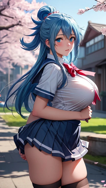 ((the best画質、the best、1 girl、Draw in detail))、 (light blue hair、long hair、straight hair、1 flower-shaped hair ornament)、((light blue eyes、Active、big breasts、low length))、(smile、open your mouth and smile)、((No panties))、(No underwear、No panties) (naked)、((school uniform、school uniform、uniform、black socks、Red and black plaid mini skirt)) (crotch line、Depiction of female genitalia)、wind twist skirt、((get down on all fours、please put your hands on the ground、Place your knees on the ground、dog pose、look back、turn your back))